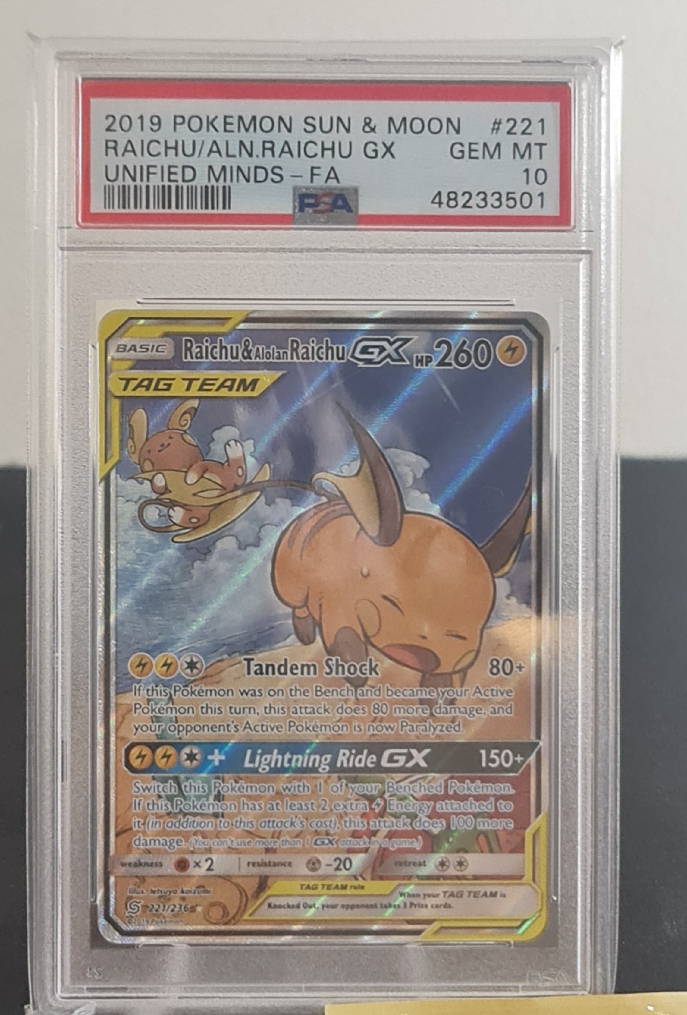 Pokemon Card PSA 10 GEM MT Raichu & Alolan Raichu GX Unified Minds
