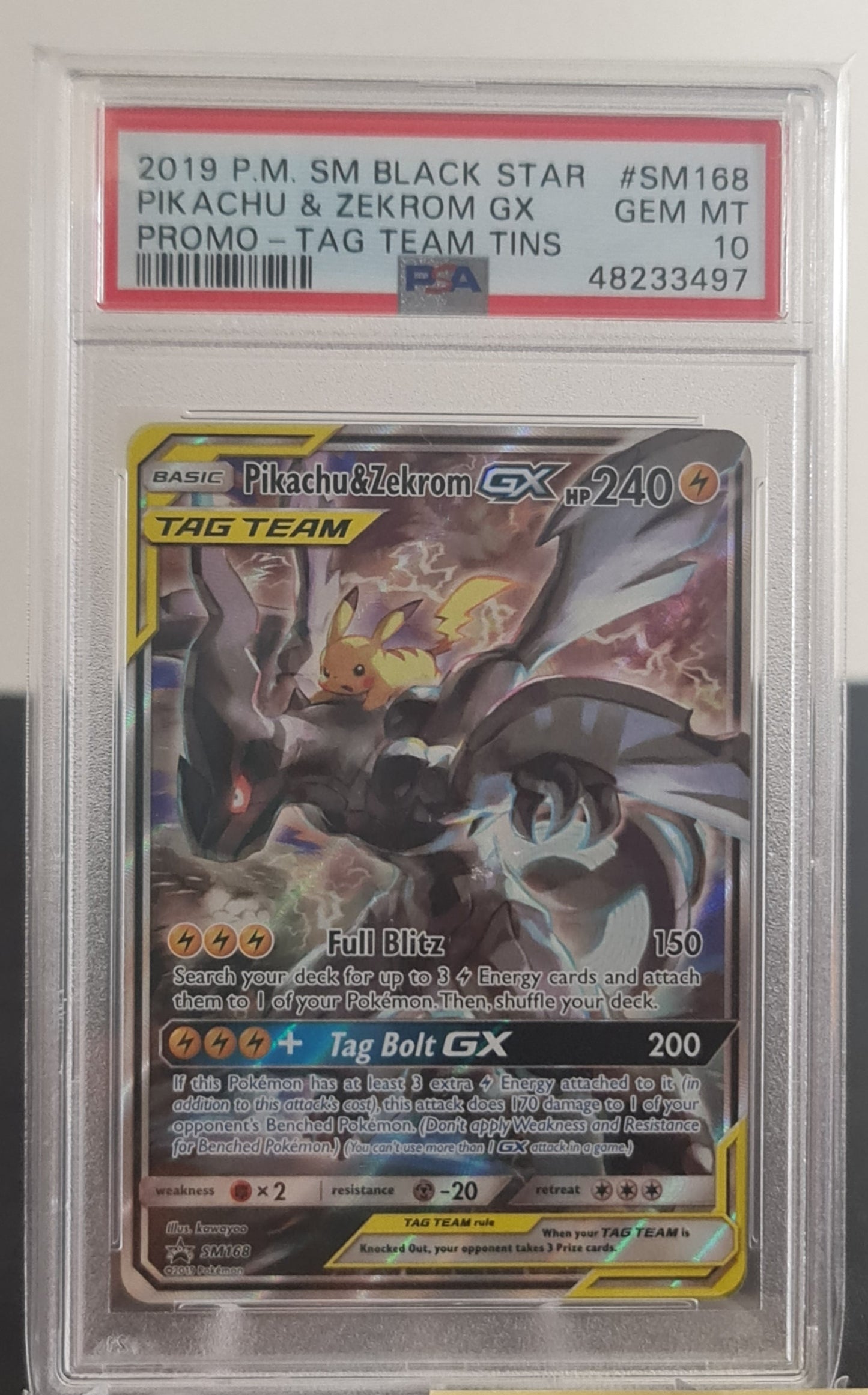 بطاقة بوكيمون PSA 10 GEM MT Pikachu &amp; Zekrom GX SM168