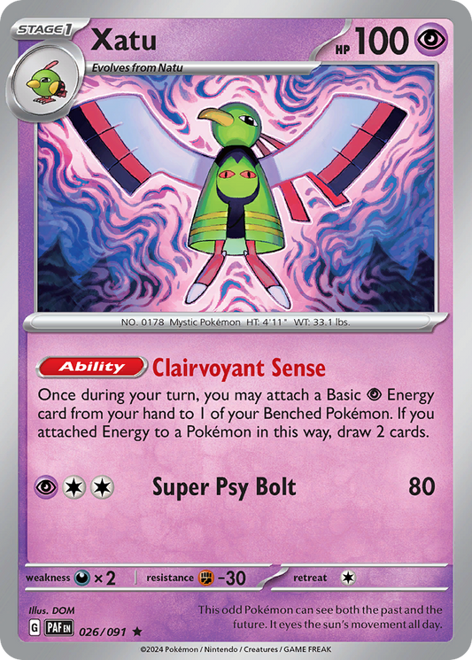 26/91 Xatu  Pokemon Card  Paldean Fates Holo Rare *MINT*