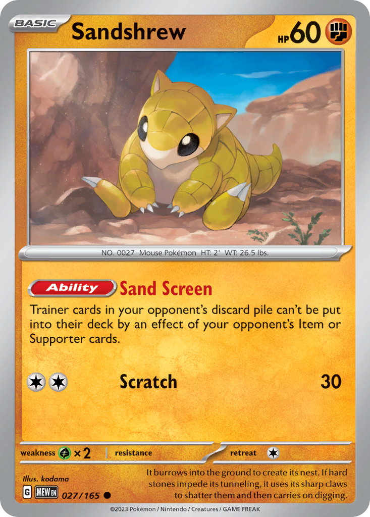 027/165 27/165 Sandshrew  Pokemon Card  151 Common *MINT*