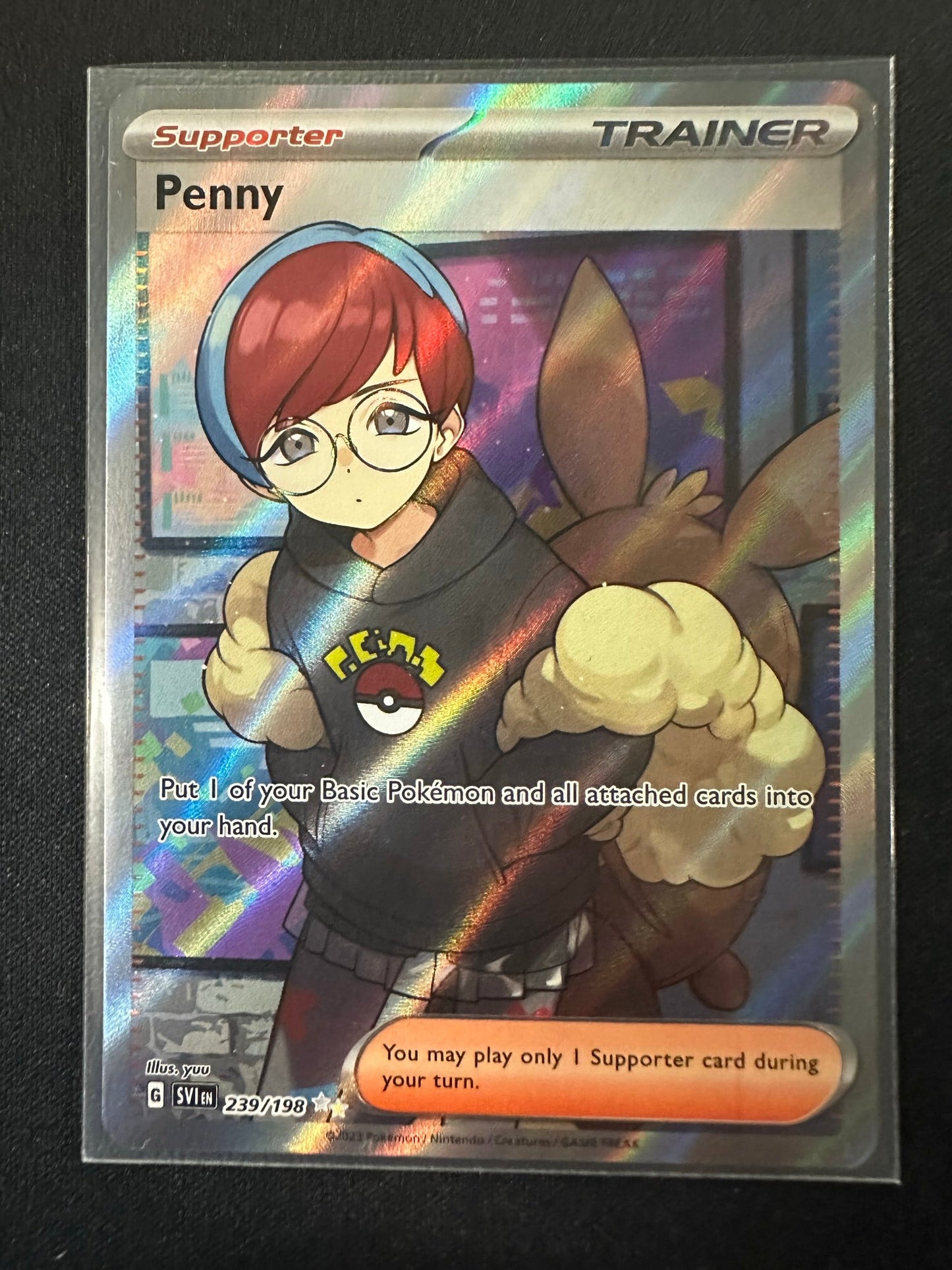 (S) Pokemon Card Scarlet and Violet 239/198 Penny Supporter Full Art Secret Rare *MINT*