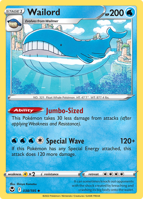 Pokemon Card Silver Tempest 038/195 38/195 Wailord Uncommon *MINT*