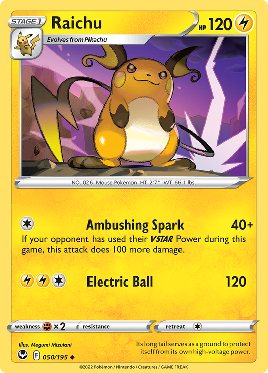 Pokemon Card Silver Tempest 050/195 50/195 Raichu Uncommon *MINT*