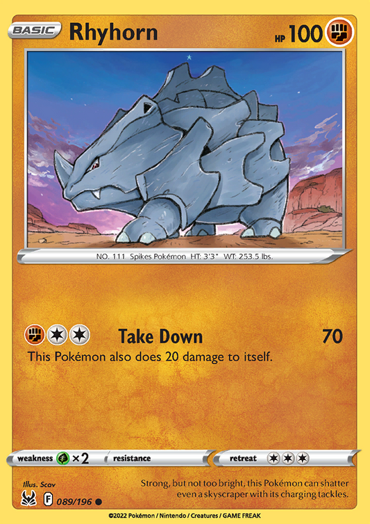 Pokemon Card Lost Origin 089/196 89/196 Rhyhorn Common *MINT*