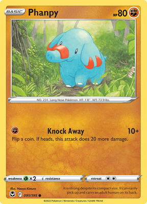 Pokemon Card Silver Tempest 091/195 91/195 Phanpy Common *MINT*