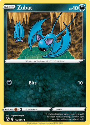 Pokemon Card Silver Tempest 103/195 Zubat Common *MINT*