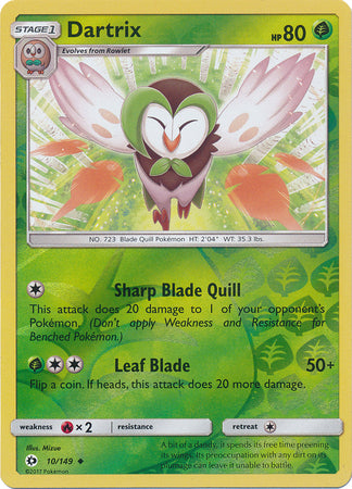 Pokemon Card Sun & Moon 010/149 10/149 Dartrix Reverse Holo Uncommon *MINT*