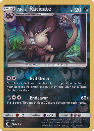 Pokemon Card Sun & Moon 077/149 77/149 Alolan Raticate Reverse Holo Uncommon *MINT*