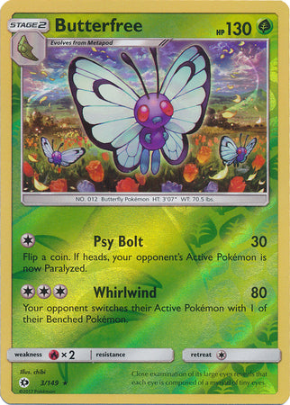 Pokemon Card Sun & Moon 003/149 3/149 Butterfree Reverse Holo Rare *MINT*