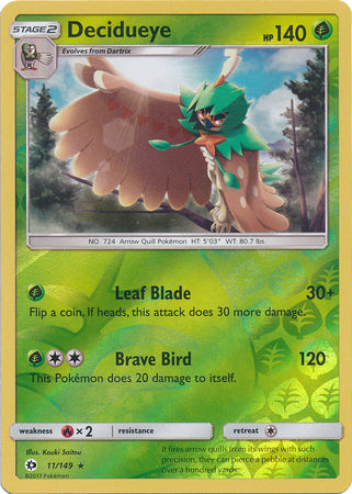 Pokemon Card Sun & Moon 011/149 11/149 Decidueye Reverse Holo Rare *MINT*