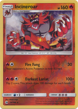 Pokemon Card Sun & Moon 026/149 26/149 Incineroar Reverse Holo Rare *MINT*