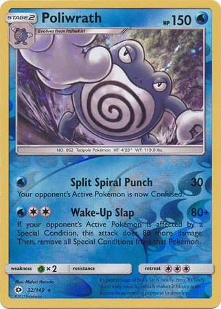 Pokemon Card Sun & Moon 032/149 32/149 Poliwrath Reverse Holo Rare *MINT*