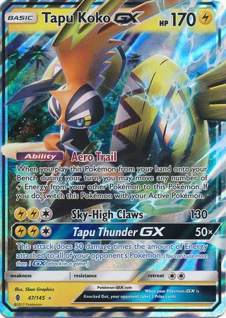 Pokemon Card 47/145 Sun & Moon Guardians Rising Tapu Koko GX Ultra Rare