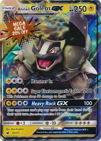 Pokemon Card 34/111 Sun & Moon Crimson Invasion Alolan Golem GX Ultra Rare