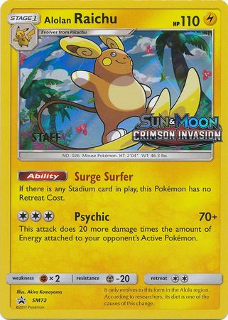 <transcy>Pokemon Card SM Black Star Promos SM72 Alolan Raichu Staff Prerelease-Promo</transcy>