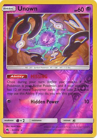 Pokemon Card Lost Thunder 92/214 092/214 Unown Reverse Holo Rare *MINT*