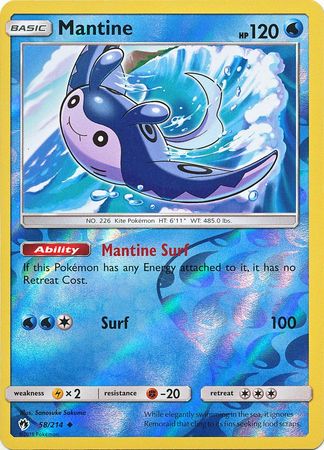 Pokemon Card Lost Thunder 58/214 058/214 Mantine Reverse Holo Uncommon *MINT*