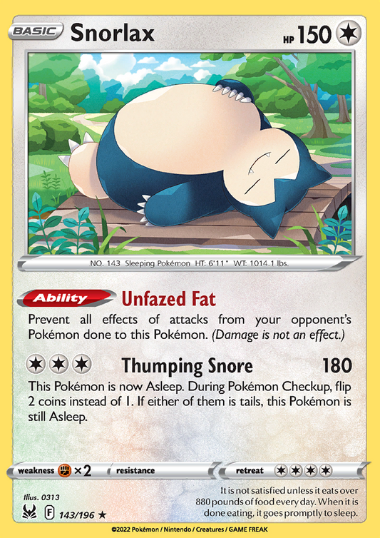 Pokemon Card Lost Origin 143/196 Snorlax Holo Rare *MINT*