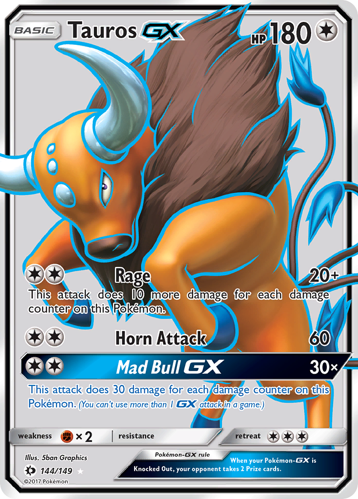 Pokemon Card Sun & Moon 144/149 Tauros-GX Full Art *MINT*