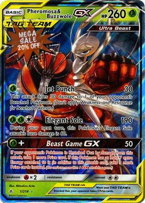 <transcy>بطاقة بوكيمون أنبروكن بوندز 1/214 001/214 Pheromosa &amp; Buzzwole Tag Team GX Ultra Rare</transcy>