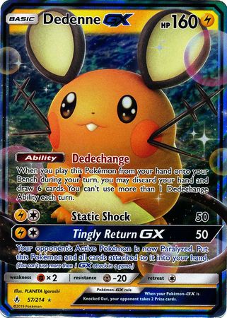 Pokemon Card 57/214 Unbroken Bonds Dedenne GX Ultra Rare