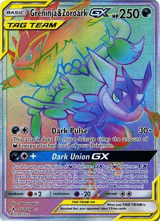 <transcy>Pokemon Card Unbroken Bonds 222/214 Greninja &amp; Zoroark Tag Team GX Hyper Rare</transcy>