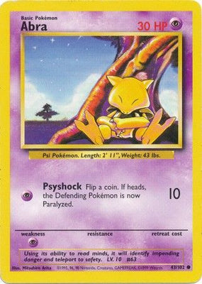 Pokemon Card Base Set Unlimited 43/102 Abra Common NEAR MINT
