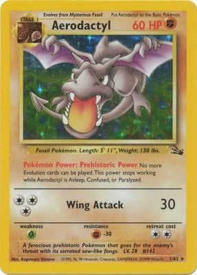 Pokemon Card Fossil Set Unlimited 1/62 Aerodactyl Holo Rare PLAYED