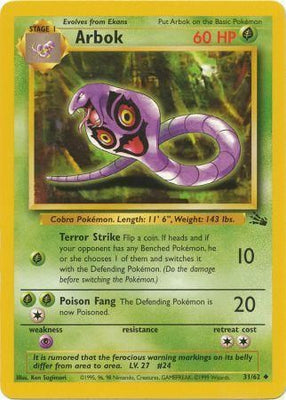 <transcy>Pokemon Card Fossil Set Unlimited 31/62 Arbok Ikke almindelig SPILT</transcy>