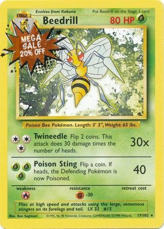 Pokemon Card Base Set Unlimited 17/102 Beedrill Rare NEAR MINT