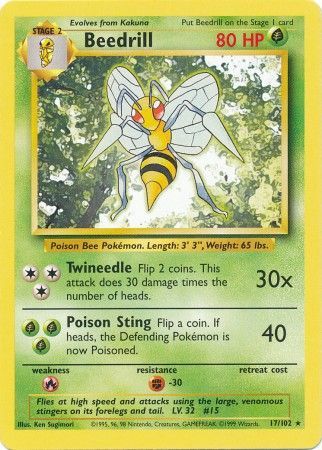 Pokemon Card Base Set Unlimited 17/102 Beedrill Rare PLAYED