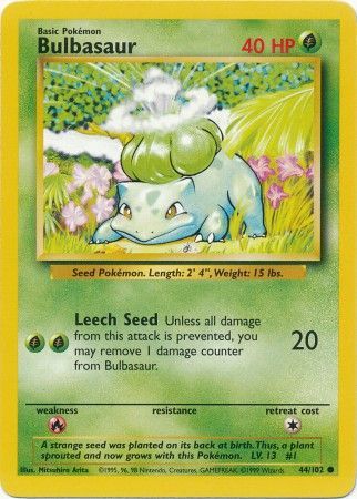 <transcy>Pokemon Card Base Set Ubegrænset 44/102 Bulbasaur Common NEAR MINT</transcy>