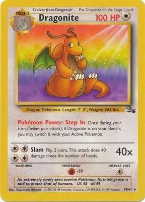 Pokemon Card Fossil Set Unlimited 19/62 Dragonite Rare PLAYED