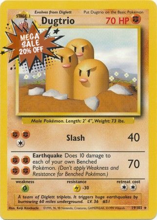 (S) Pokemon Card Base Set Unlimited 19/102 Dugtrio Rare NEAR MINT