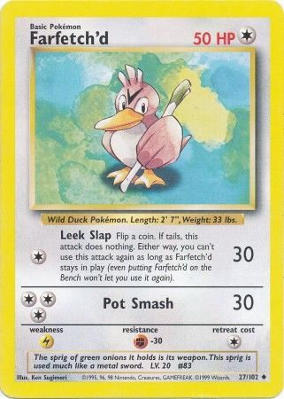 (S) Pokemon Card Base Set Unlimited 27/102 Farfetch'd Uncommon PLAYED