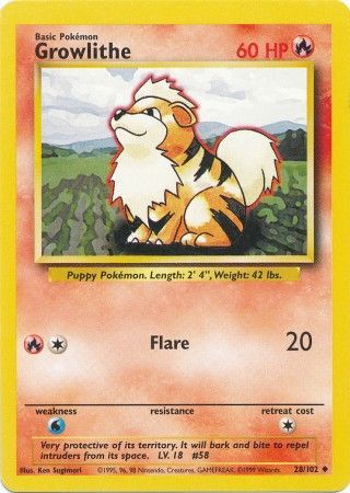 Pokemon Card Base Set Unlimited 28/102 Growlithe Uncommon PLAYED