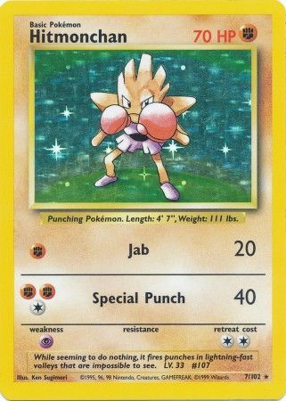 (S) Pokemon Card Base Set Unlimited 7/102 Hitmonchan Holo Rare NEAR MINT