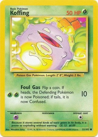 Pokemon Card Base Set Unlimited 51/102 Koffing Common NEAR MINT