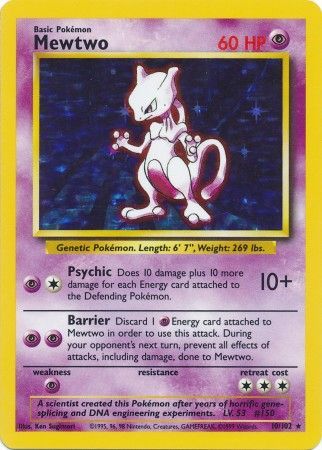 (S) Pokemon Card Base Set Unlimited 10/102 Mewtwo Holo Rare NEAR MINT