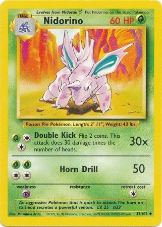 Pokemon Card Base Set Unlimited 37/102 Nidorino Uncommon NEAR MINT