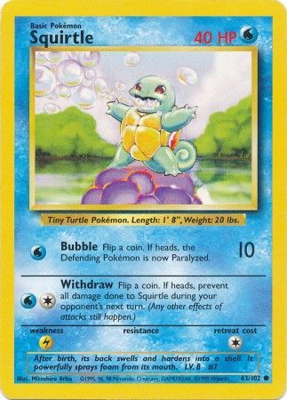 Pokemon Card Base Set Unlimited 63/102 Squirtle Common NEAR MINT