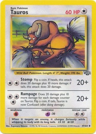 Pokemon Card Jungle Set Unlimited 47/64 Tauros Uncommon NEAR MINT