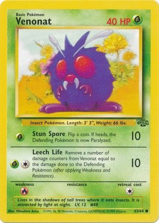 Pokemon Card Jungle Set Unlimited 63/64 Venonat Common NEAR MINT