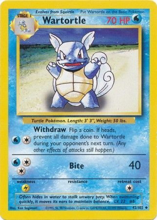 Pokemon Card Base Set Unlimited 42/102 Wartortle Uncommon NEAR MINT