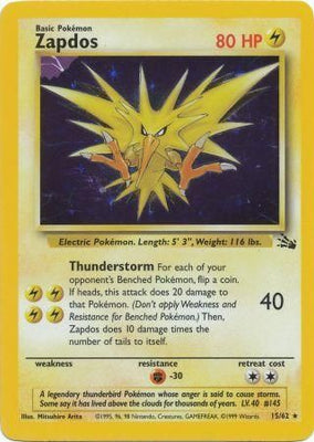 Pokemon Card Fossil Set Unlimited 15/62 Zapdos Holo Rare PLAYED