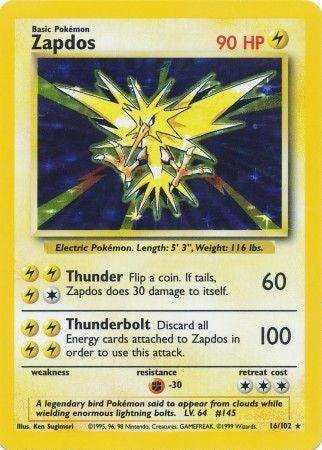 (S) Pokemon Card Base Set Unlimited 16/102 Zapdos Holo Rare PLAYED