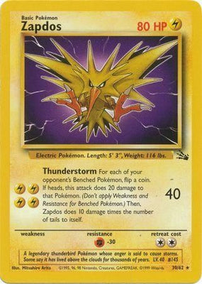 Pokemon Card Fossil Set Unlimited 30/62 Zapdos Rare PLAYED