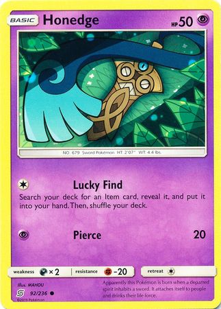 <transcy>Pokemon Card Unified Minds 092/236 92/236 Honedge Common</transcy>