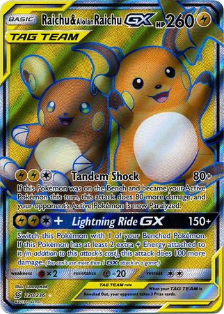 <transcy>Pokemon Karte Unified Minds 220/236 Raichu &amp; Alolan Raichu Tag Team GX Volle Kunst</transcy>