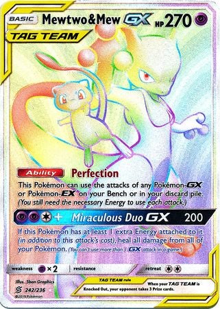 (S) Pokemon Card Unified Minds 242/236 Mewtwo & Mew Tag Team GX Hyper Rare